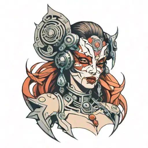 smiling cyberpunk opera mask woman tattoo design idea
