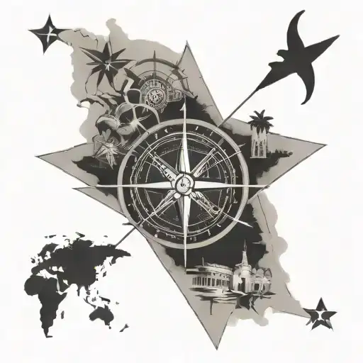 A black-grey tattoo of a compass rose with Cuban landmarks as markers, symbolizing your love for Cuba and your navigation skills as a pilot tattoo design idea