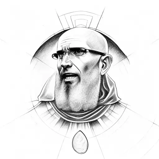 Religious "Brother" with friar haircut. He has a halo above his head, and is rolling a dice.  tattoo design idea