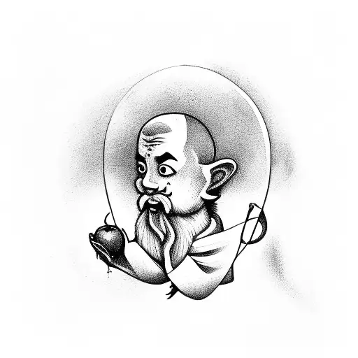 Monk with a halo, balancing on a chair to reach for an apple hanging from a tree tattoo design idea