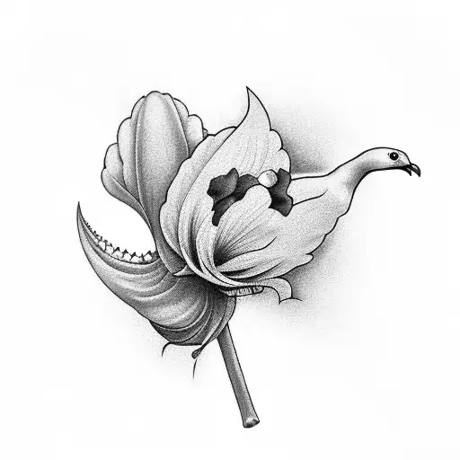 A minimalist black-grey design of a dove and daffodil intertwining along the spine tattoo design idea
