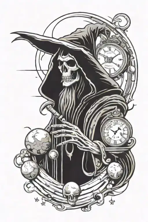 Faceless grim reaper with sands of time, planets and solar system, ace of spades, with single line script throughout tattoo design idea