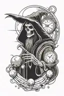 Faceless grim reaper with sands of time, planets and solar system, ace of spades, with single line script throughout tattoo design idea