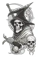 Faceless grim reaper with sands of time, planets and solar system, ace of spades, with single line script throughout tattoo design idea