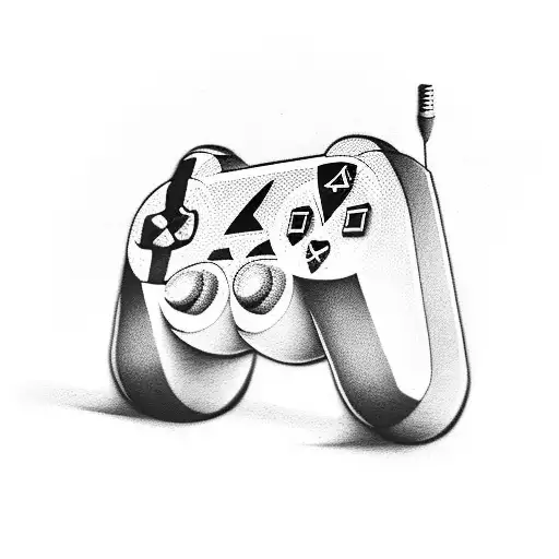 A black-grey tattoo of a PlayStation controller merged with a musical staff, with anime characters playing football in the background tattoo design idea