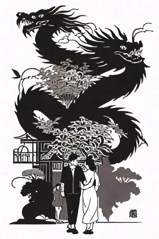 A family walking with their son along a path in the urban jungle. A huge black and white Chinese dragon flies in the sky tattoo design idea