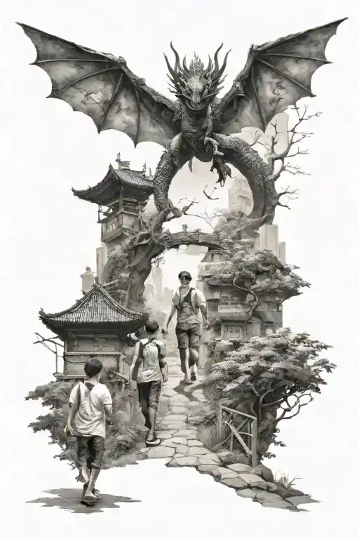 A family walking with their son along a path in the urban jungle. A huge black and white Chinese dragon flies in the sky tattoo design idea
