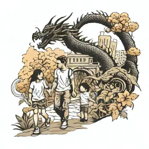 A family walking with their son along a path in the urban jungle. A huge black and white Chinese dragon flies in the sky tattoo design idea