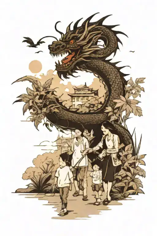 A family walking with their son along a path in the urban jungle. A huge black and white Chinese dragon flies in the sky tattoo design idea