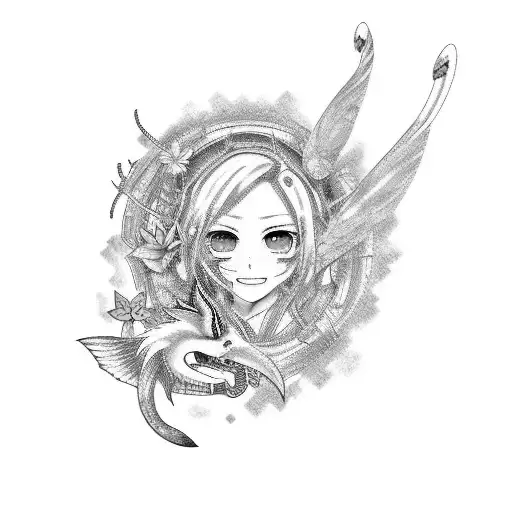 composite tattoo of hatsune miku, butterflies, koi fish, palm tree, storks, demon, devil, oni, fox, paint splotches tattoo design idea