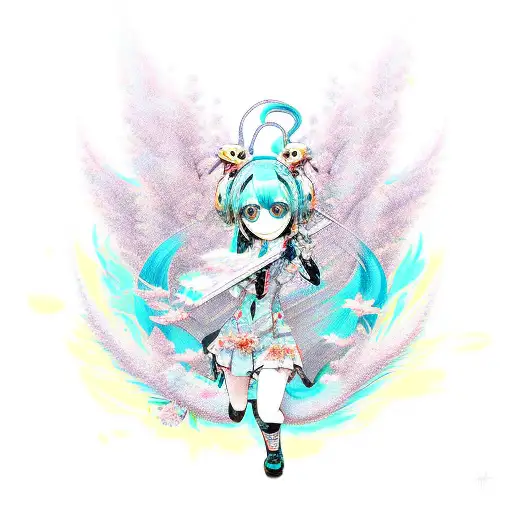 hatsune miku, butterflies, koi fish, palm tree, storks, demon, devil, oni, fox, paint splotches, colorful, vertical tattoo design idea