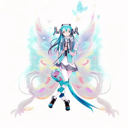 hatsune miku, butterflies, koi fish, palm tree, storks, demon, devil, oni, fox, paint splotches, colorful, vertical tattoo design idea