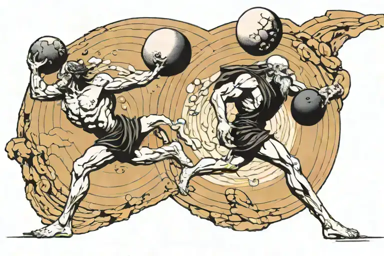 3 sisyphus going up to hill first one is carrying a formless black stone as he gets higher the second one is pushing wit tattoo design idea