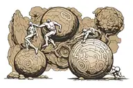 3 sisyphus going up to hill first one is carrying a formless black stone as he gets higher the second one is pushing wit tattoo design idea