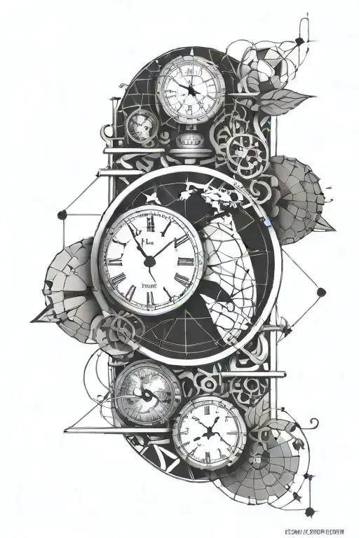 planet earth globe, clock, hour glass tattoo design idea