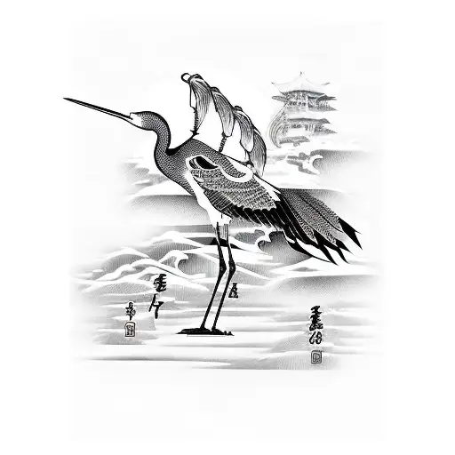 Illustration of a Crane in black and white tattoo design idea