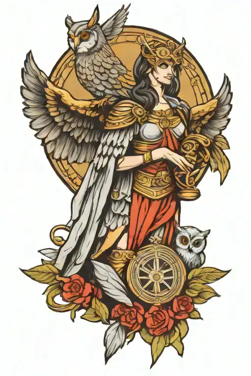 goddess Athena with owl and shield adorned tattoo design idea