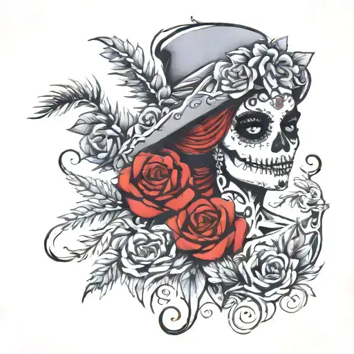 day of the dead Catarina with pine tree backdrop in greyacale tattoo design idea