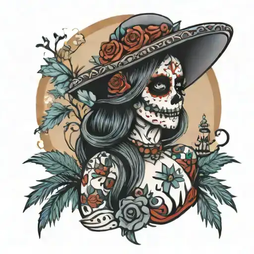 day of the dead Catarina with pine tree backdrop in greyacale tattoo design idea
