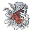 day of the dead Catarina with pine tree backdrop in greyacale tattoo design idea