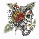 day of the dead Catarina with pine tree backdrop in greyacale tattoo design idea