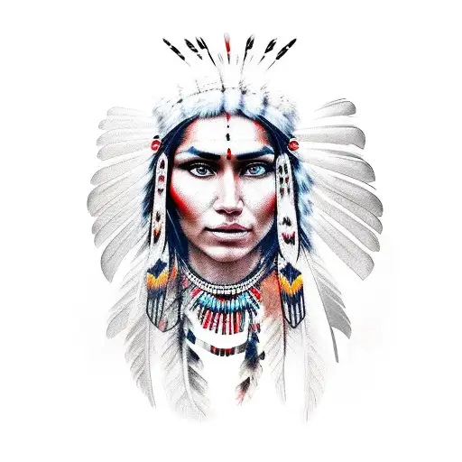 Attractive Native American young woman with warpaint and a headress tattoo design idea