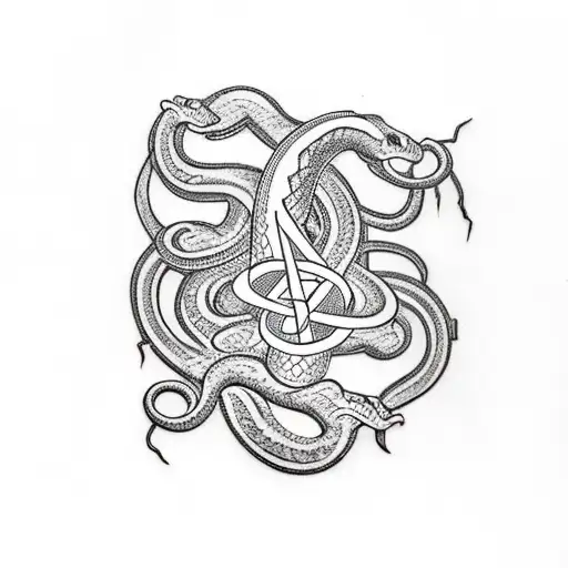 Design a traditional tattoo featuring a snake entwined with an industrial music logo tattoo design idea