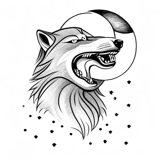 A majestic wolf howling at the moon, with a handball in its mouth and a Nordic rune tattooed on its fur tattoo design idea