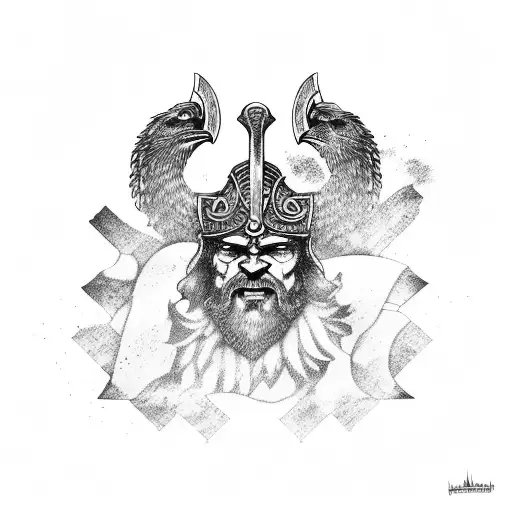 Viking with axe, on top of mountain of skulls, sided by wolves and ravens tattoo design idea
