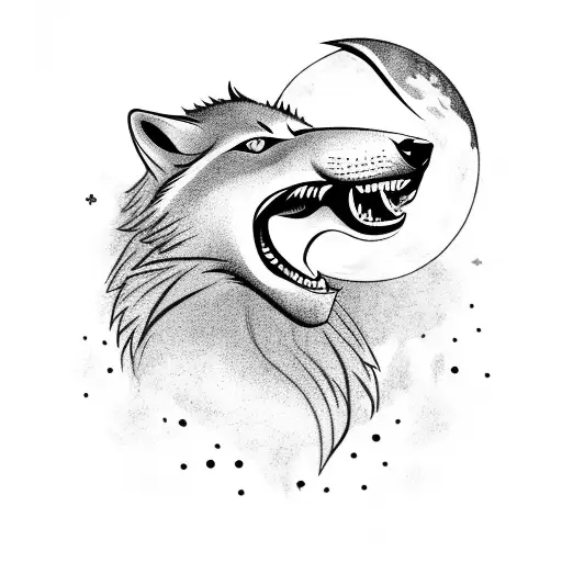 A majestic wolf howling at the moon, with a handball in its mouth and a Nordic rune tattooed on its fur tattoo design idea