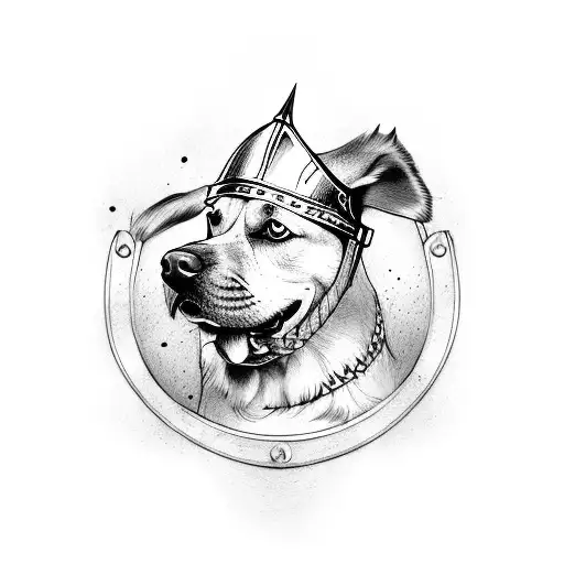 A dog wearing a Viking helmet, playing a handball game in a Scandinavian landscape tattoo design idea