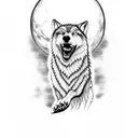 A majestic wolf howling at the moon, with a handball in its mouth and a Nordic rune tattooed on its fur tattoo design idea