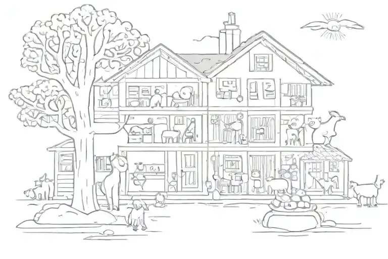 A playful tattoo featuring cartoon versions of the client and their friends hanging out at the Goat House, with subtle Phi Delta Theta symbols incorporated throughout the design. tattoo design idea