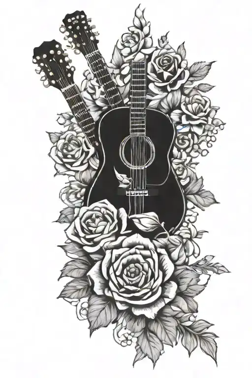 Johnny Cash acoustic guitar framed by flowers with a Sailor Jerry style banner along the bottom tattoo design idea
