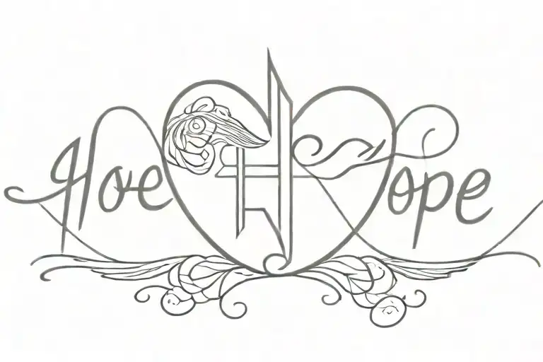 a heartbeat, with a cross with angel wings, the word hope, the continuation of the heartbeat, a heart with the dates 14. tattoo design idea