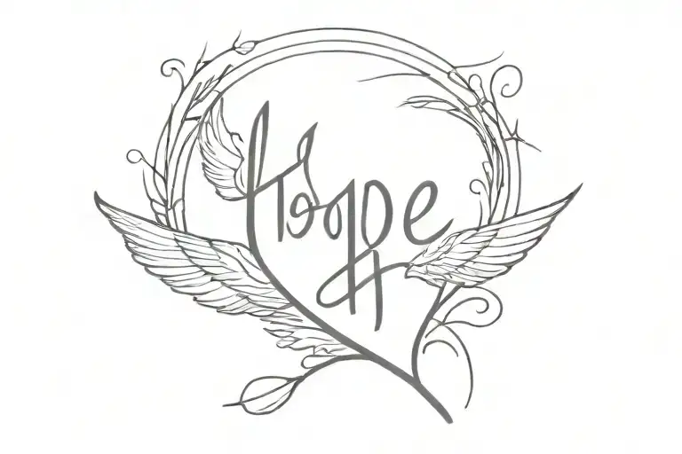 a heartbeat, with a cross with angel wings, the word hope, the continuation of the heartbeat, a heart with the dates 14. tattoo design idea