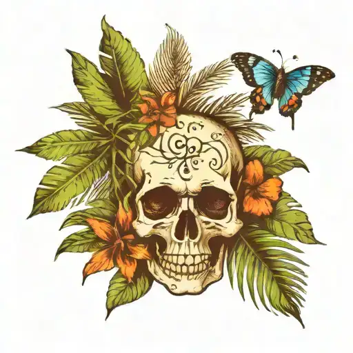 skull with butterflies palm tree tattoo design idea