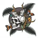 skull with butterflies palm tree tattoo design idea