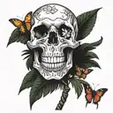 skull with butterflies palm tree tattoo design idea