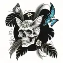 skull with butterflies palm tree tattoo design idea