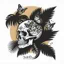 skull with butterflies palm tree tattoo design idea