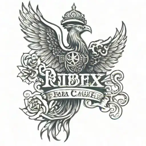 rising phoenix at the back with text "Rebel with a cause" in front tattoo design idea