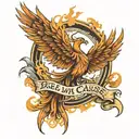 rising phoenix at the back with text "Rebel with a cause" in front tattoo design idea