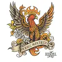 rising phoenix at the back with text "Rebel with a cause" in front tattoo design idea