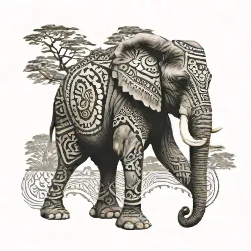 An elephant adorned with tribal patterns and African landscape in the background tattoo design idea