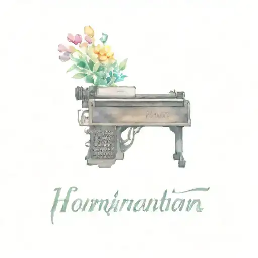 A typewriter with intricate details and a banner that reads 'Humanitarian' tattoo design idea