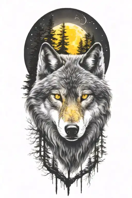 wolf with glowing yellow eyes. trees and moon surrounded tattoo design idea