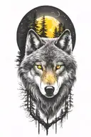 wolf with glowing yellow eyes. trees and moon surrounded tattoo design idea