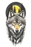 wolf with glowing yellow eyes. trees and moon surrounded tattoo design idea