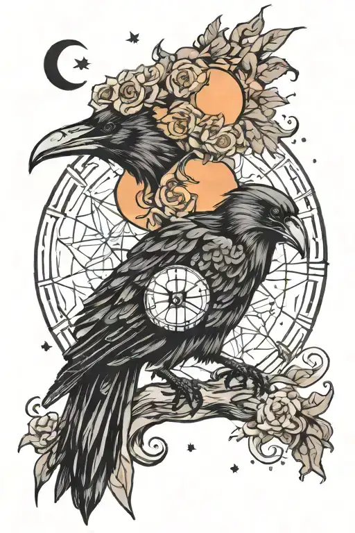 witchy celestial raven moon tattoo design idea